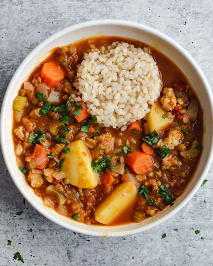 Tempeh Lentil Stew with Potatoes and rice