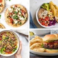 collage of 4 Vegan 15 Minute Meals from bowls to burger and tacos