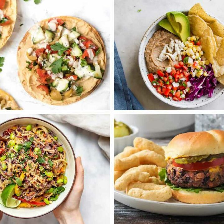 collage of 4 Vegan 15 Minute Meals from bowls to burger and tacos