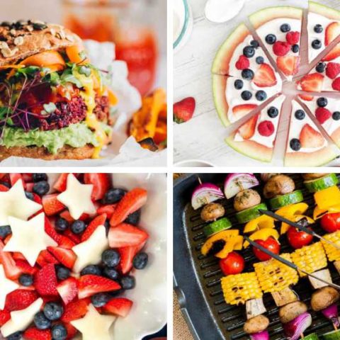 collage of four vegan 4th of July recipes from patriotic fruit salad to skewers, watermelon pizza and vegan burgers