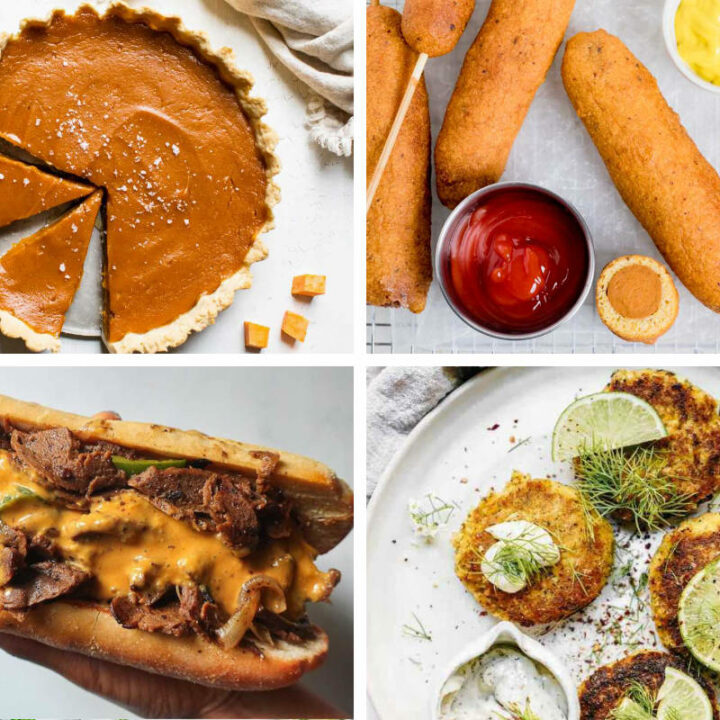 4 Vegan American Recipes like corn dogs, cheesesteak, sweet potato pie, and crab cakes