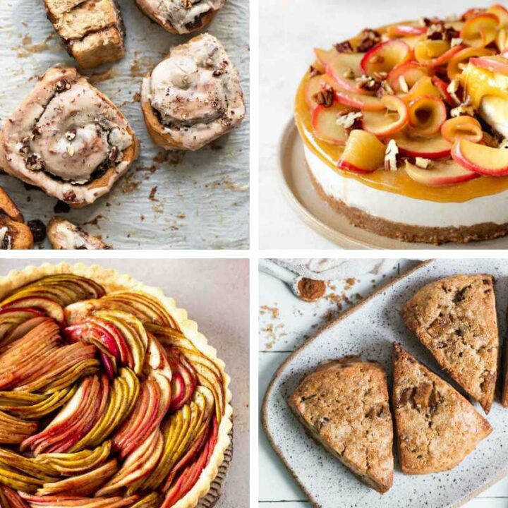 four Vegan Apple Recipes like rolls, tart, scones and cheesecake