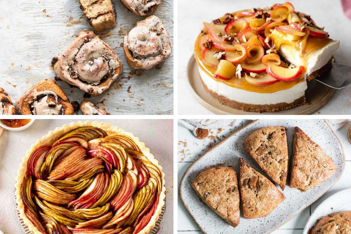 four Vegan Apple Recipes like rolls, tart, scones and cheesecake