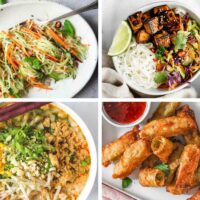 4 Vegan Asian Recipes like tofu noodle bowl, pho, papaya salad, and egg rolls