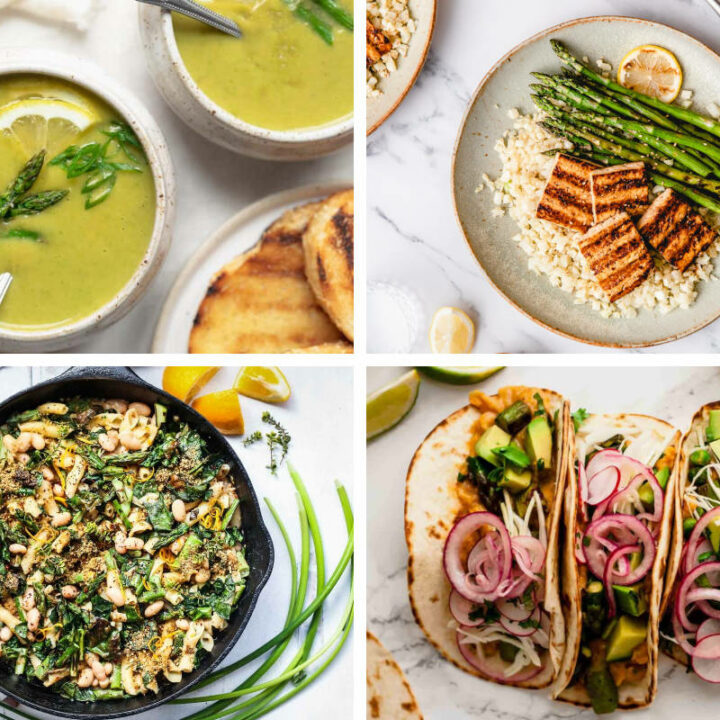 4 Vegan Asparagus Recipes from soup to fajitas, risotto, and tofu bowl
