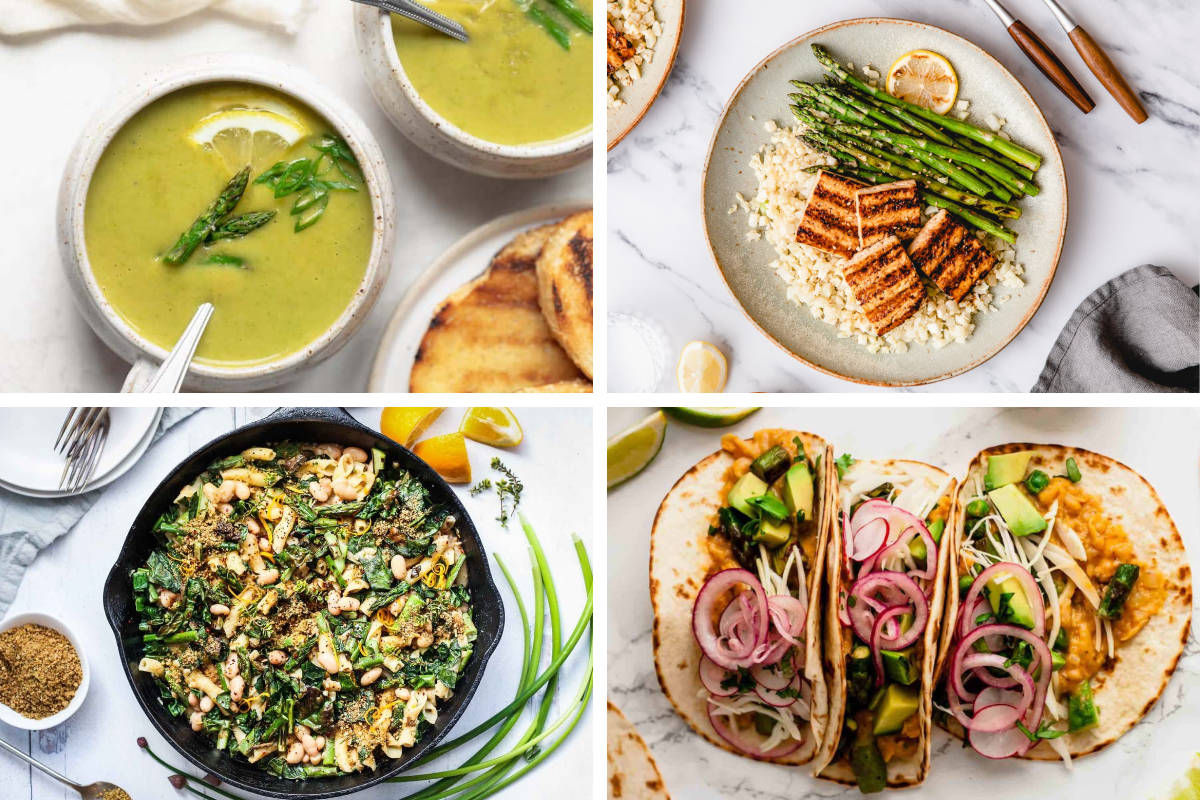 4 Vegan Asparagus Recipes from soup to fajitas, risotto, and tofu bowl