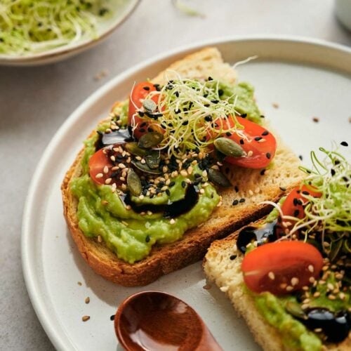 Vegan Avocado Toast with balsamic glaze and seeds