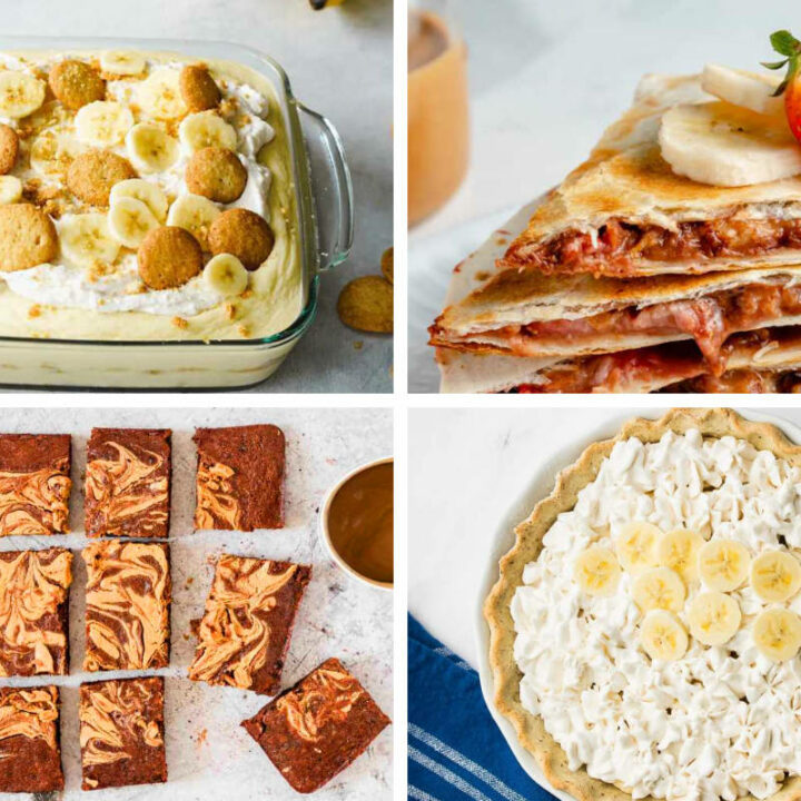 four Vegan Banana Recipes including brownies, pie, pudding, and crepes