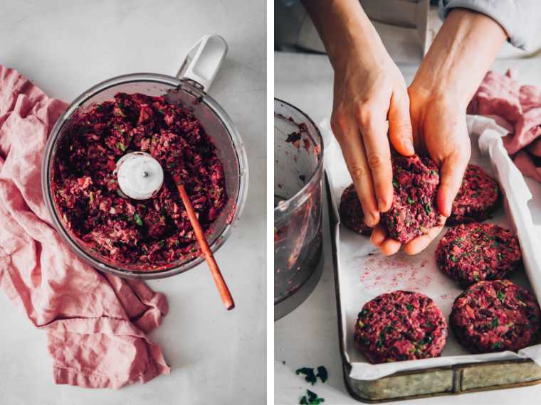 Two images next to each other: food processor with processed patty ingredients on the left and woman forming patty with her hands on the right