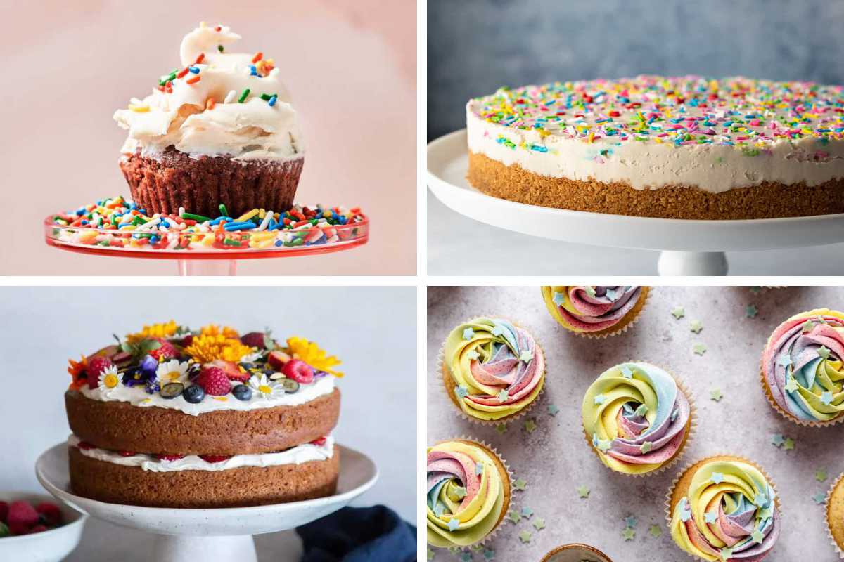collage of four Vegan Birthday Cakes and Treats like cupcakes and funfetti cakes