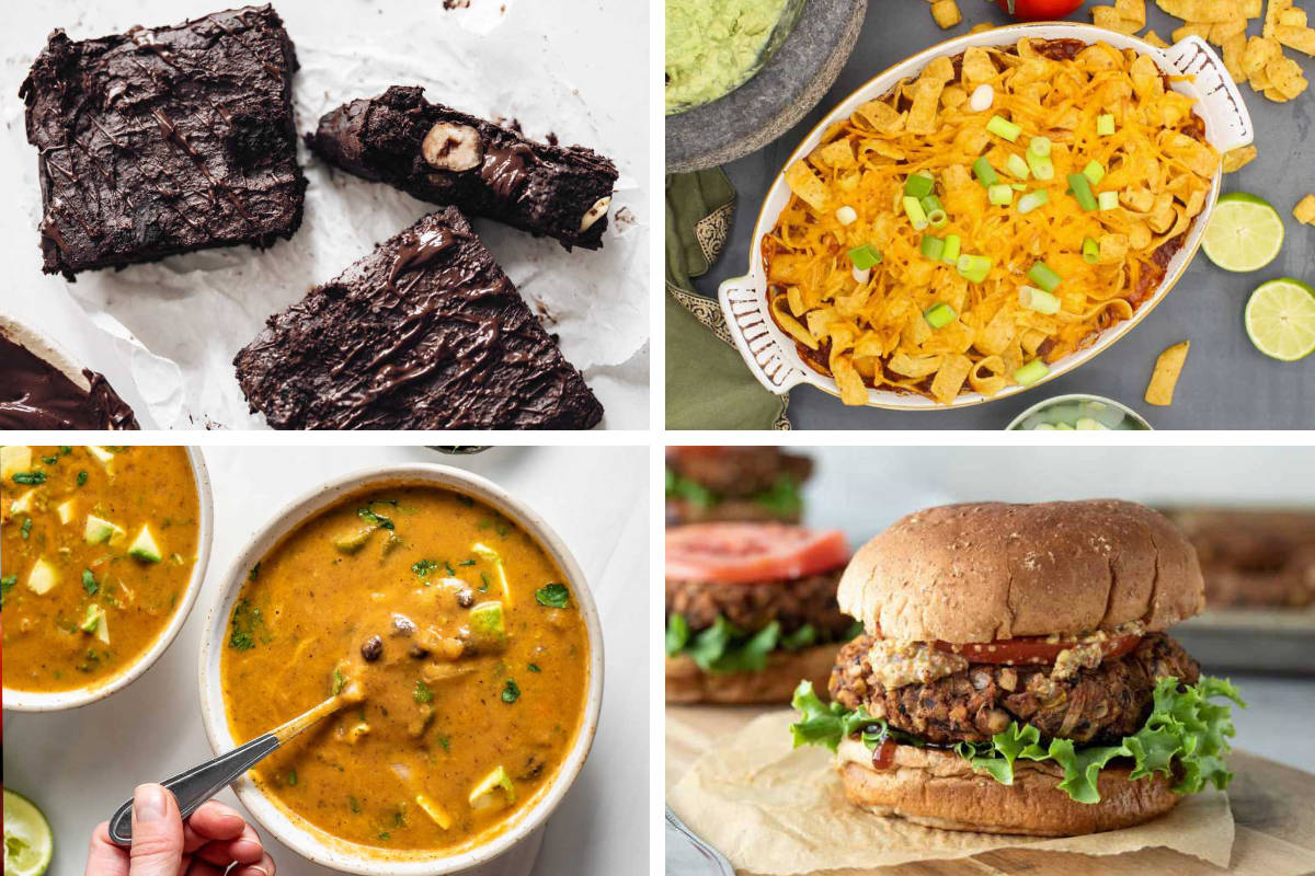 4 Vegan Black Bean Recipes including soup, casserole, burger, and brownies