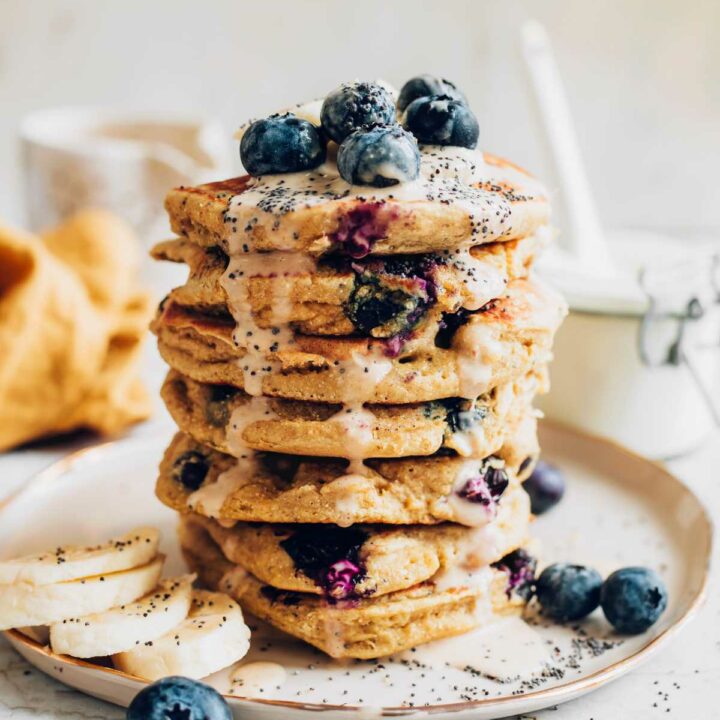 stack of vegan blueberry oatmeal pancakes