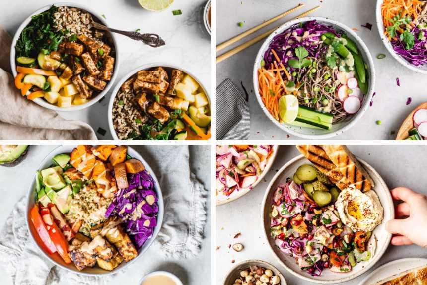 four healthy vegan bowls recipes with different veggies, grains, beans and sauces