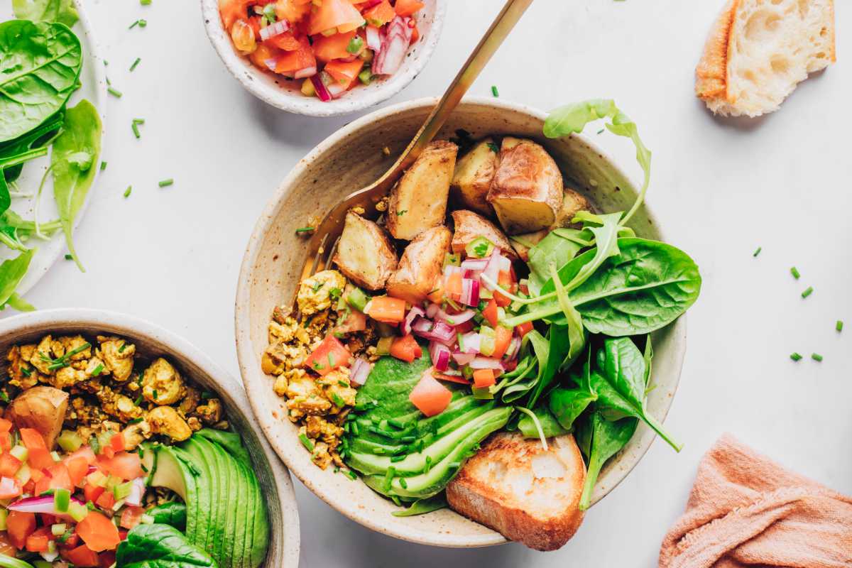 savory Vegan Breakfast Bowl on a table with a fork