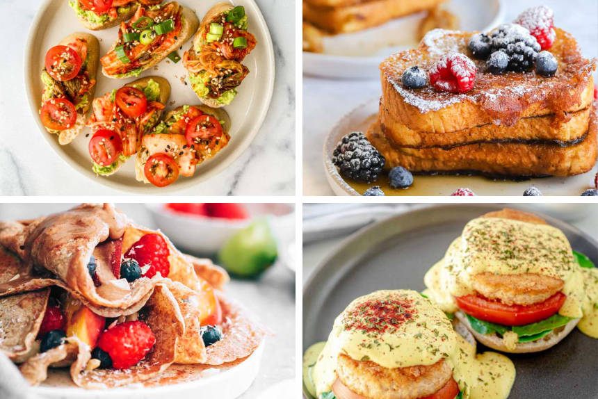 a selection of easy Vegan Brunch Recipes Pin including avocado toast, french toast, crepes and eggs benedict