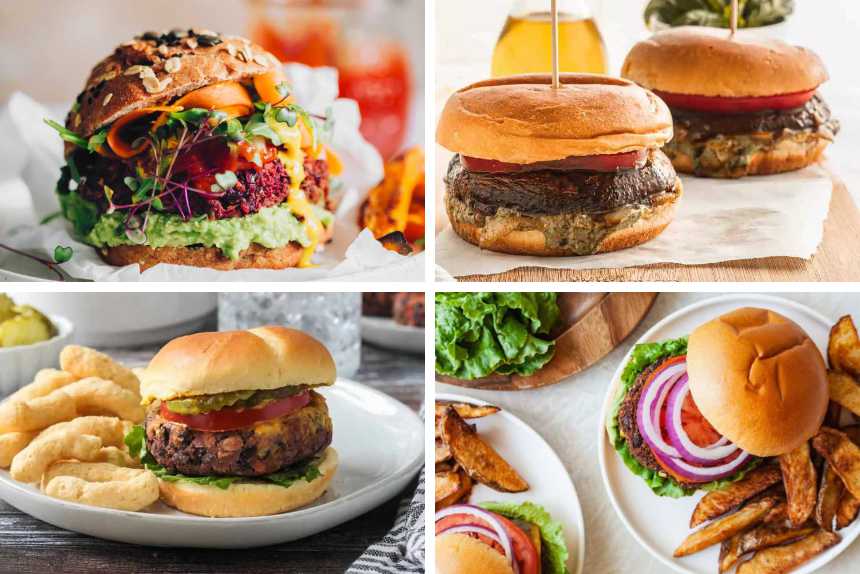 collage of four vegan burger recipes including black bean, portobello and beet burgers
