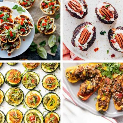 four different vegan canapes from taco cups to stuffed peppers, mini pizzas and pecan dates