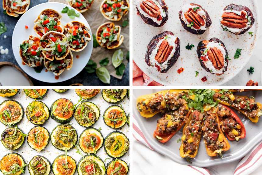 four different vegan canapes from taco cups to stuffed peppers, mini pizzas and pecan dates