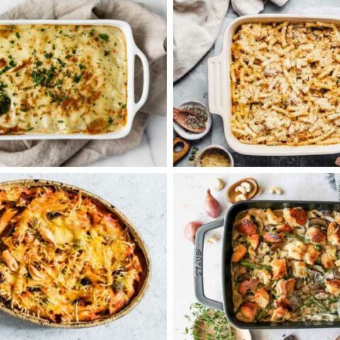 collage of 4 vegan casserole recipes with pasta, veggies and mashed potatoes