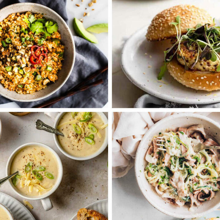 four Vegan Cauliflower Recipes from burger to soup, pasta, and curry