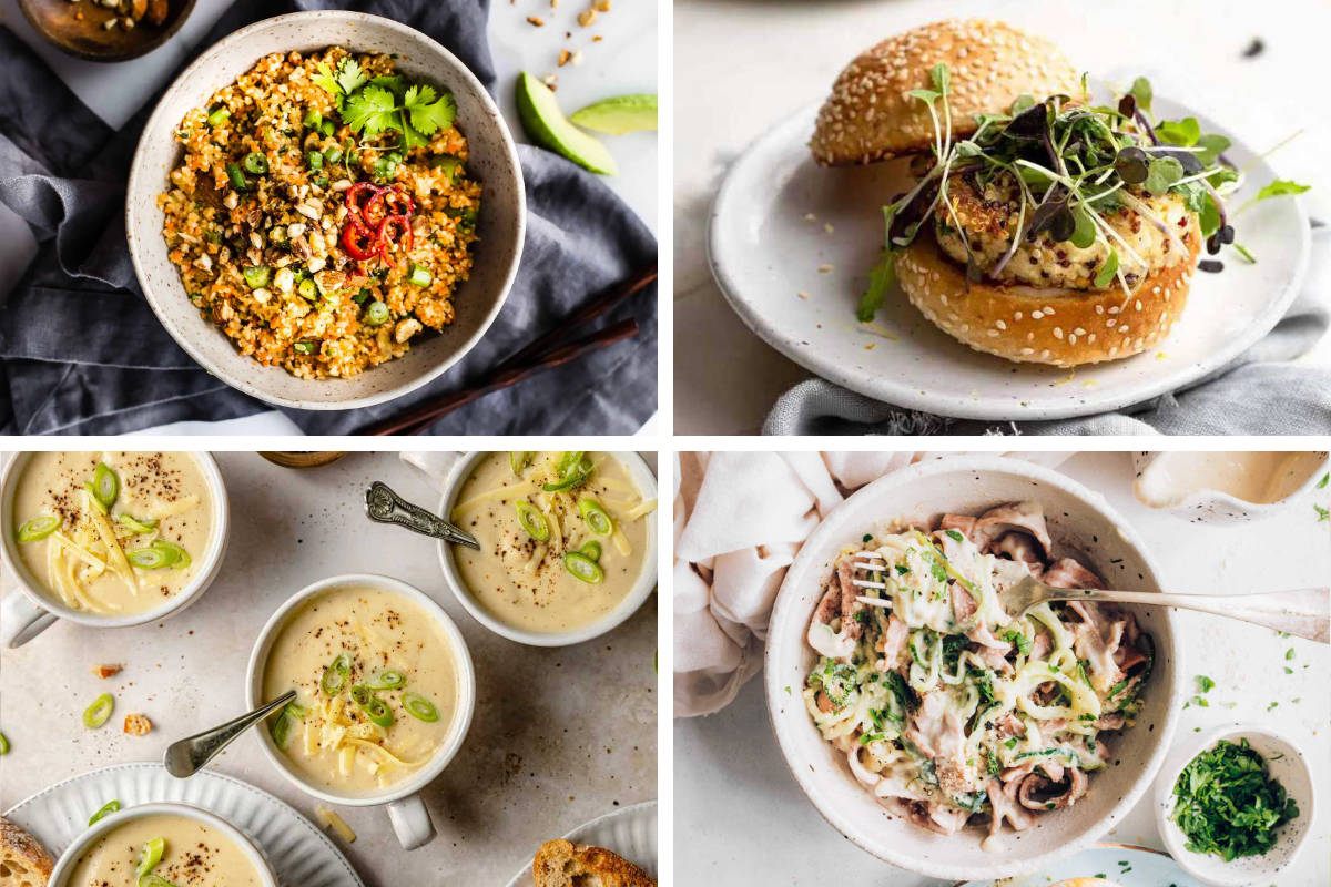 four Vegan Cauliflower Recipes from burger to soup, pasta, and curry