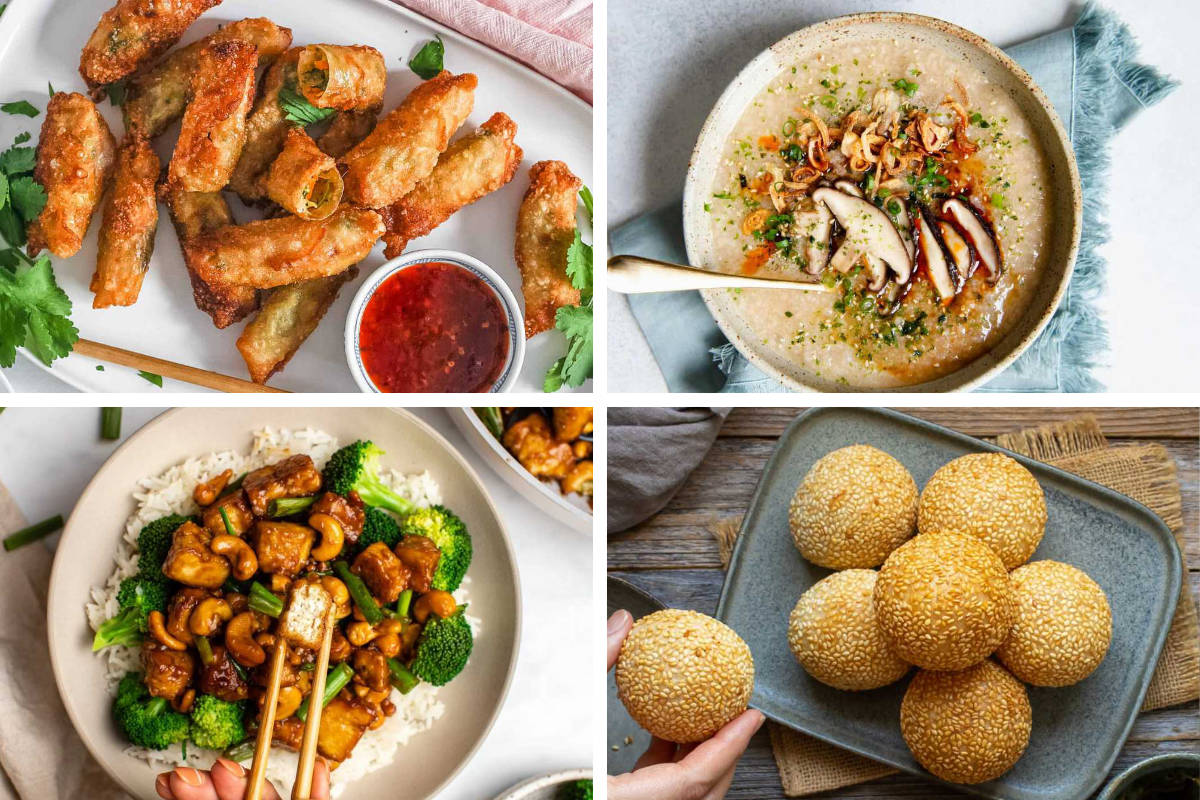 4 Vegan Chinese Recipes like rolls, bites, tofu, and congee