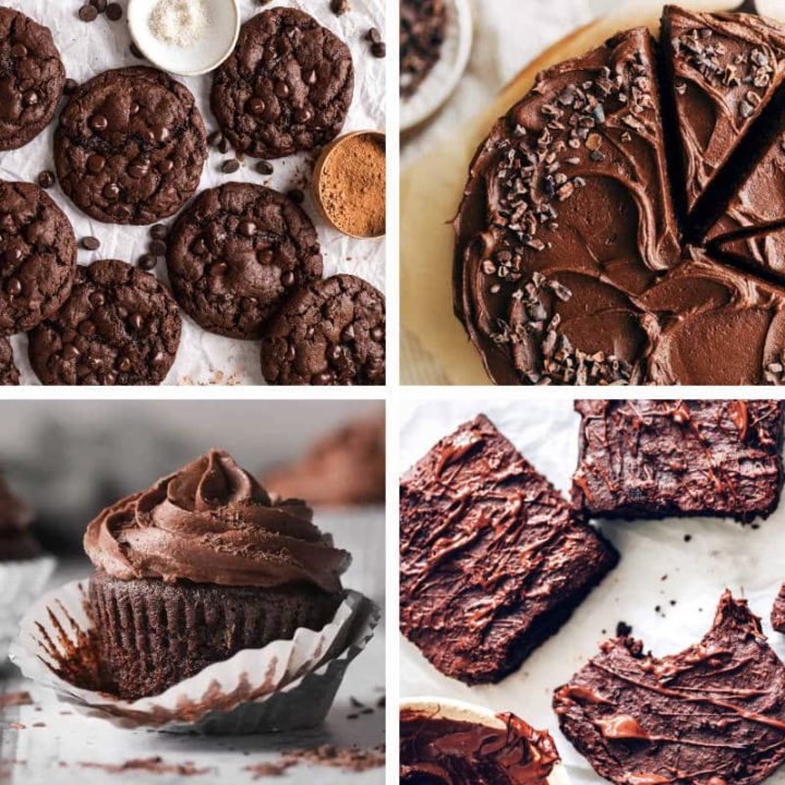 four Vegan Chocolate Desserts including brownies, cake, cookies and cupcakes