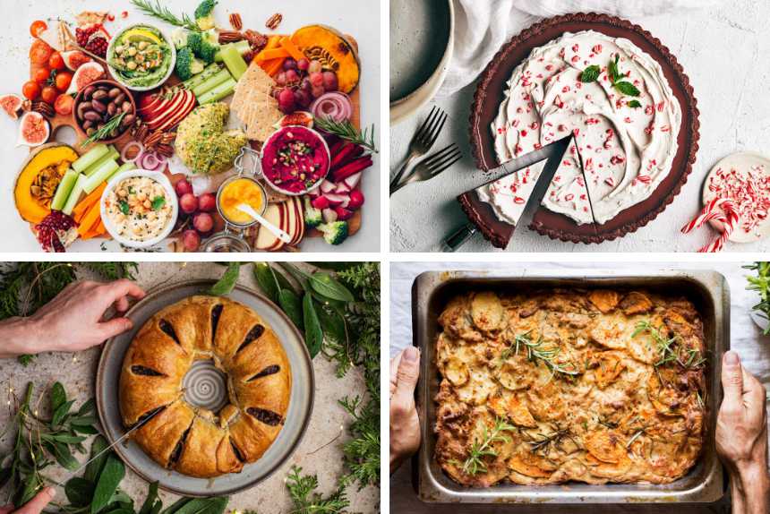 collage of four vegan Christmas dinner recipes from appetizer platter to savory wreath, scalloped potatoes and peppermint tart