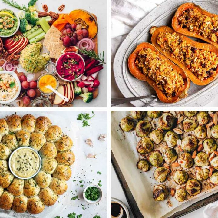 four Vegan Christmas Dinner Recipes, including appetizer platter, roasted veg, rolls and stuffed squash