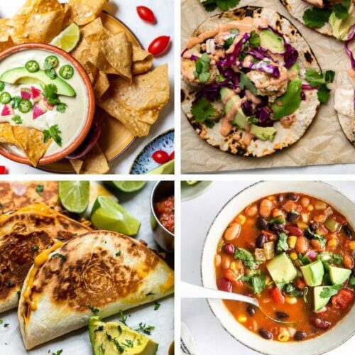 four Vegan Cinco de Mayo Recipes like queso, tortilla chips, taco soup and cheesy black bean tacos
