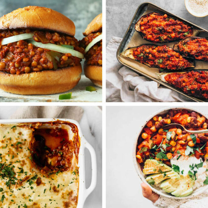 Four images of different vegan comfort foods