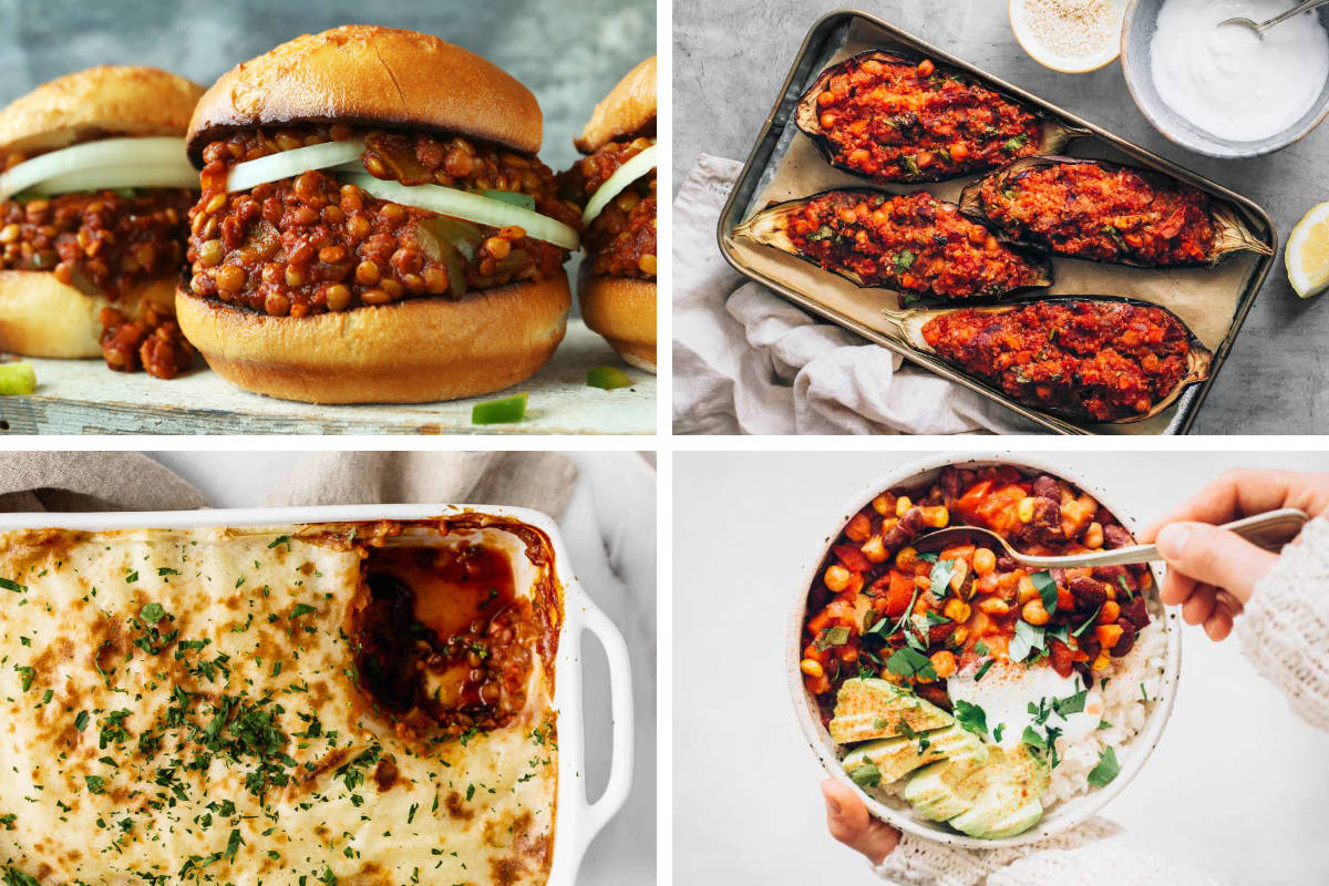 Four images of different vegan comfort foods
