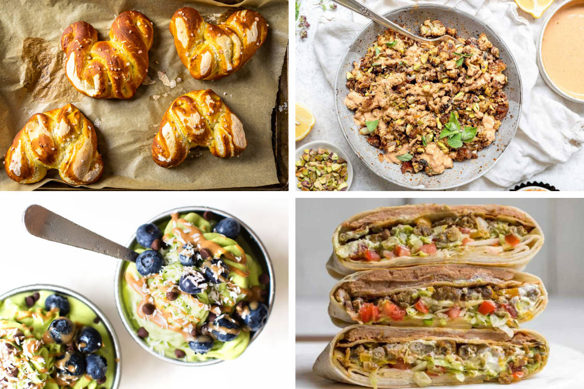 4 Vegan Copycat Recipes: pretzels, freeze greens, crunch wrap surpreme, and tahini cauliflower