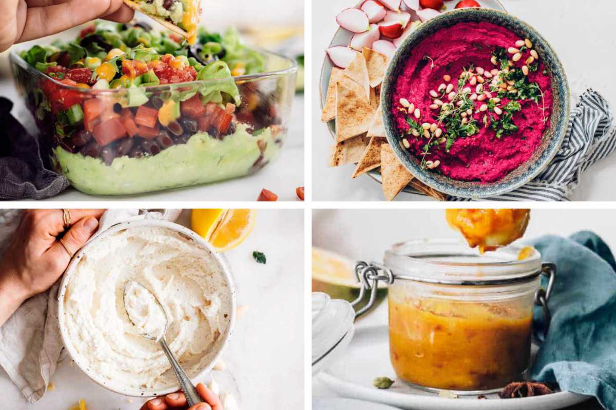several vegan dips and spreads from hummus to 7 layer dip, chutney and ricotta