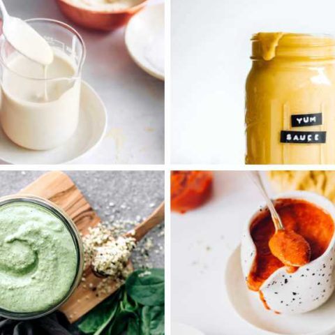 collage of four homemade oil-free vegan dressings like sour cream, basil pesto and two different sauces