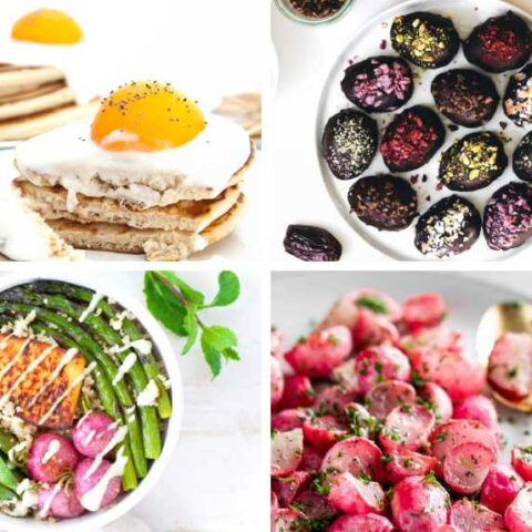 collage of four vegan easter recipes like pancakes, chocolate date eggs, roasted radishes and a spring salad