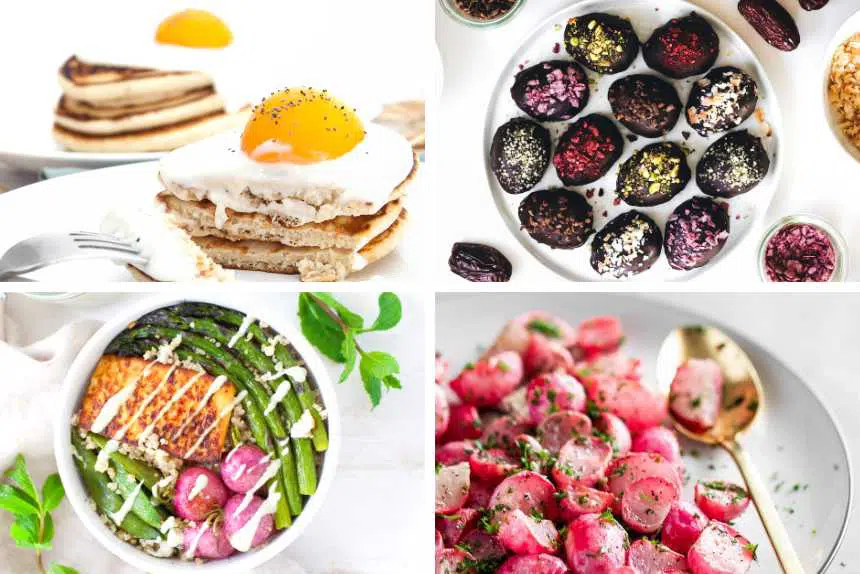 collage of four vegan easter recipes like pancakes, chocolate date eggs, roasted radishes and a spring salad