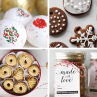 collage of 4 vegan edible gifts and DIY ideas like roasted chickpeas. bath bombs, ornaments and cookies