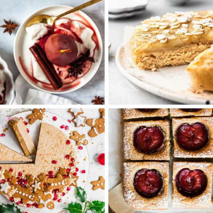 four Vegan Fall Desserts from plum cake to poached pears, gingerbread cake and almond cake