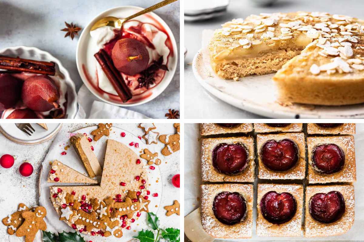 four Vegan Fall Desserts from plum cake to poached pears, gingerbread cake and almond cake