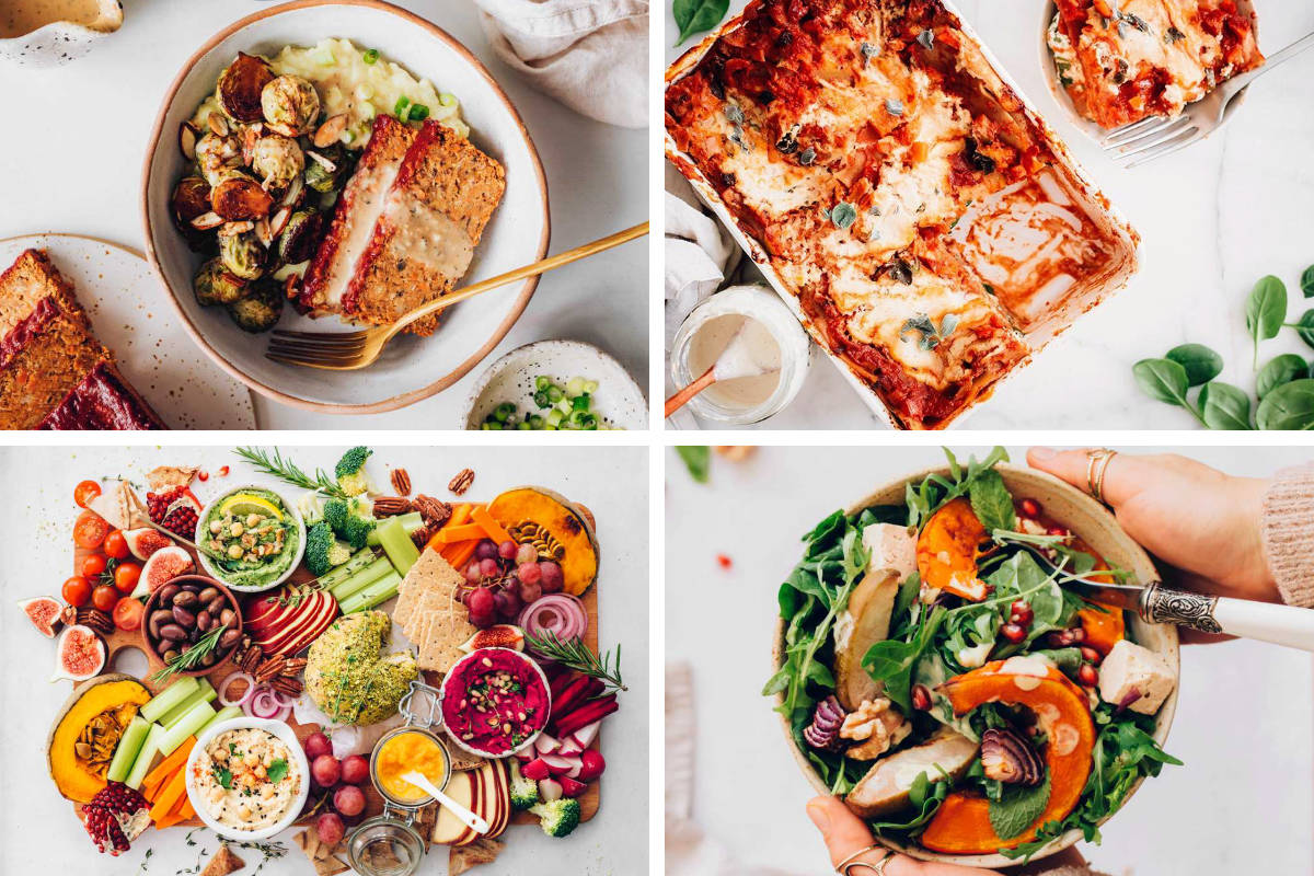 4 Vegan Fall Dinner Recipes like pumpkin salad, rpasted veggies, mashed potatoes and lasagna