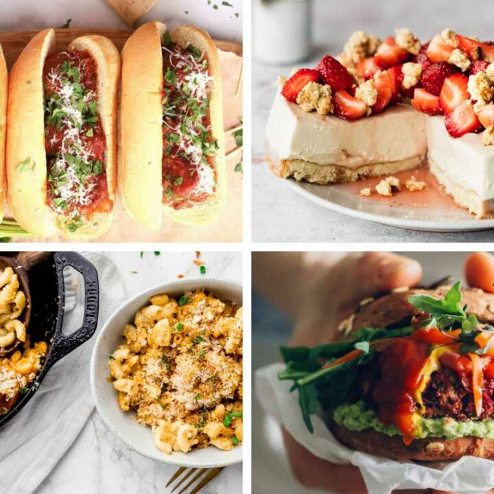 four Vegan Father's Day Recipes from meatball subs to burgers, baked mac and cheese and strawberry cheesecake