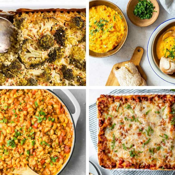 collage of 4 vegan freezer meals like casseroles, pasta and soups
