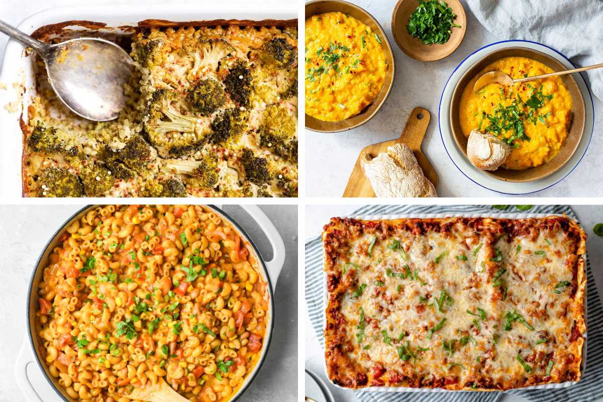 collage of 4 vegan freezer meals like casseroles, pasta and soups