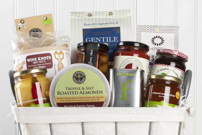 vegan gift basket with preserved lemons, nuts, chocolate, pasta and more foods