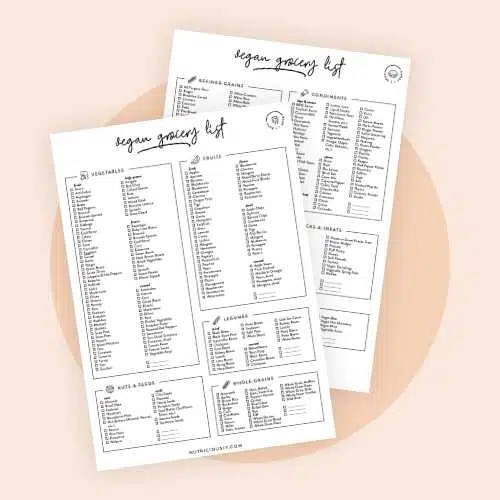 two printable pages to create a vegan grocery list