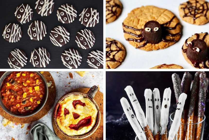 collage of 4 vegan halloween recipes like spider cookies, mummy treats, ghost pretzels and halloween soup