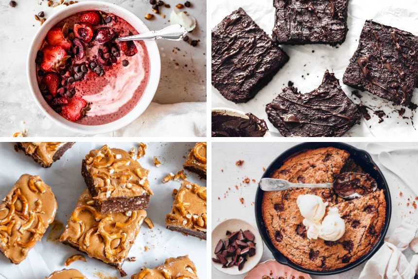 High-Protein Vegan Desserts like chia pudding, peanut bars, skillet cookie and black bean brownies