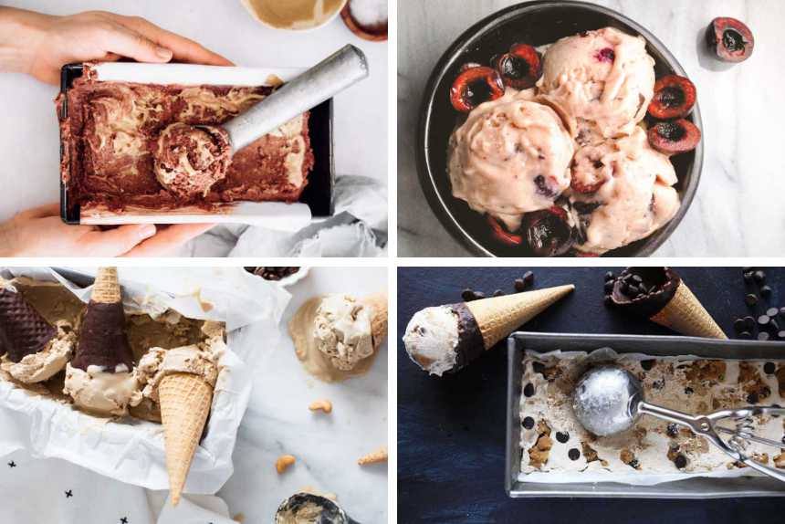 collage of four vegan ice cream recipes from chocolate to cookie dough, vanilla and cherry