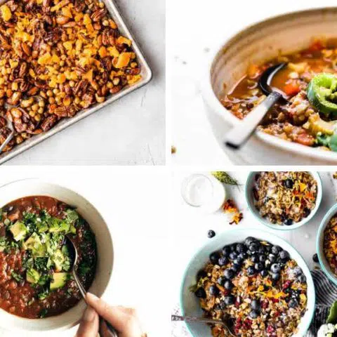 collage of four plant-based instant pot recipes: roasted nuts, vegan chili, veggie stew and breakfast granola bowls